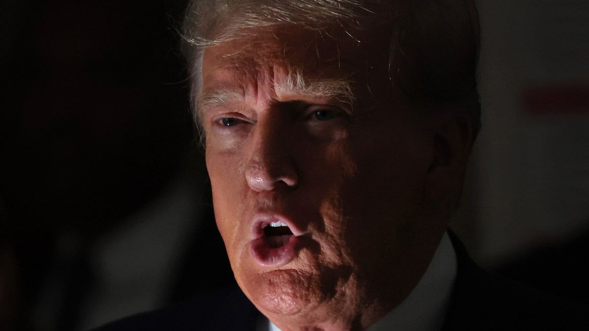 Former U.S. President Donald Trump speaks to the media on the third day of his civil fraud trial at New York State Supreme Court on Oct. 4, 2023 in New York City. (Photo by Spencer Platt/Getty Images) (Spencer Platt/Getty Images)