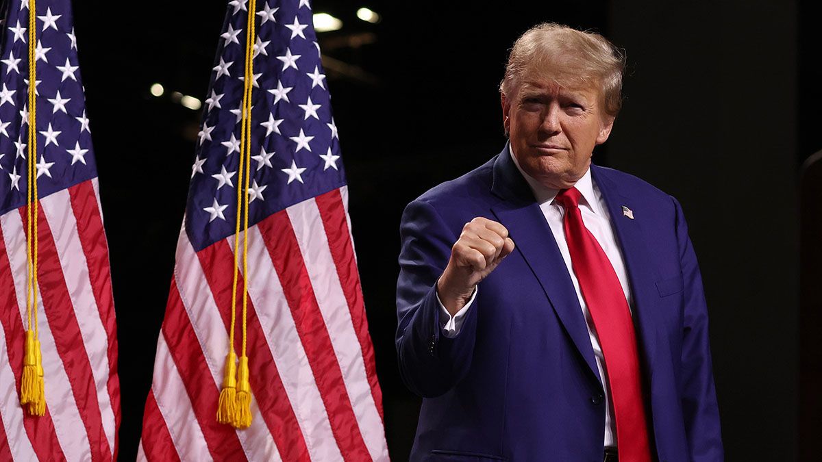 Former U.S. President Donald Trump gestures during a campaign rally at the Reno-Sparks Convention Center on Dec. 17, 2023 in Reno, Nevada. (Photo by Justin Sullivan/Getty Images) (Justin Sullivan/Getty Images)